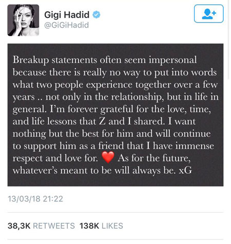 Η Gigi και ο Zayn χώρισαν και το ανακοίνωσαν μέσω Twitter-1
