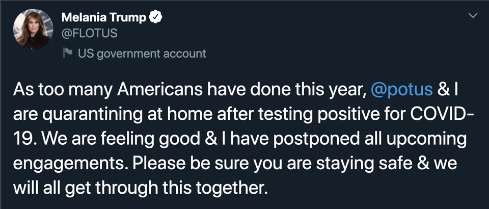 Μελάνια Τραμπ: Το πρώτο της tweet μετά τη διάγνωση-1
