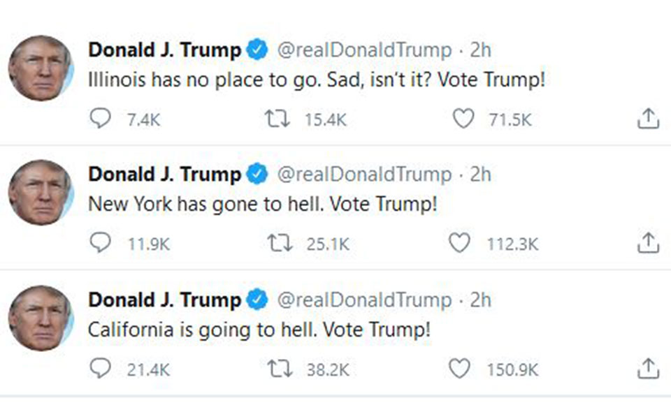 Τραμπ: Η Καλιφόρνια και η Νέα Υόρκη πάνε κατά διαόλου- Ψηφίστε με!-1