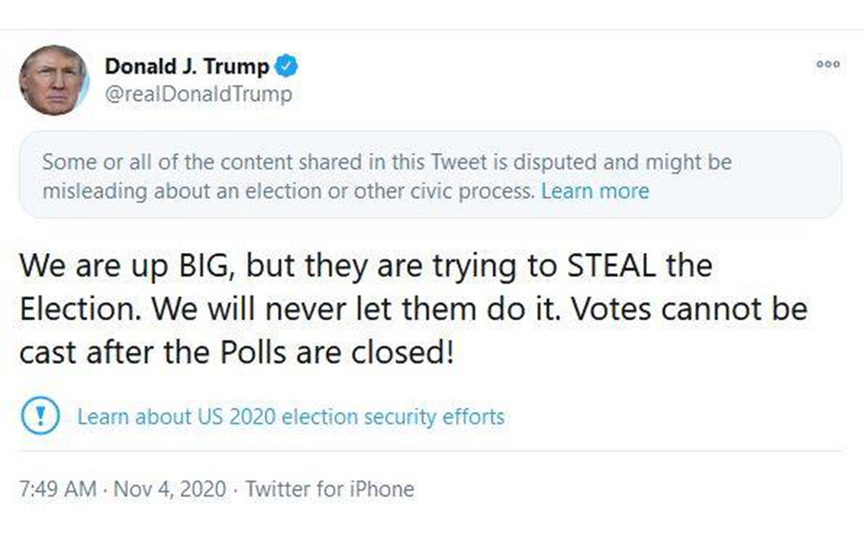 Επισήμανση του Twitter στην ανάρτηση Τραμπ περί προσπάθειας κλοπής στις εκλογές-1