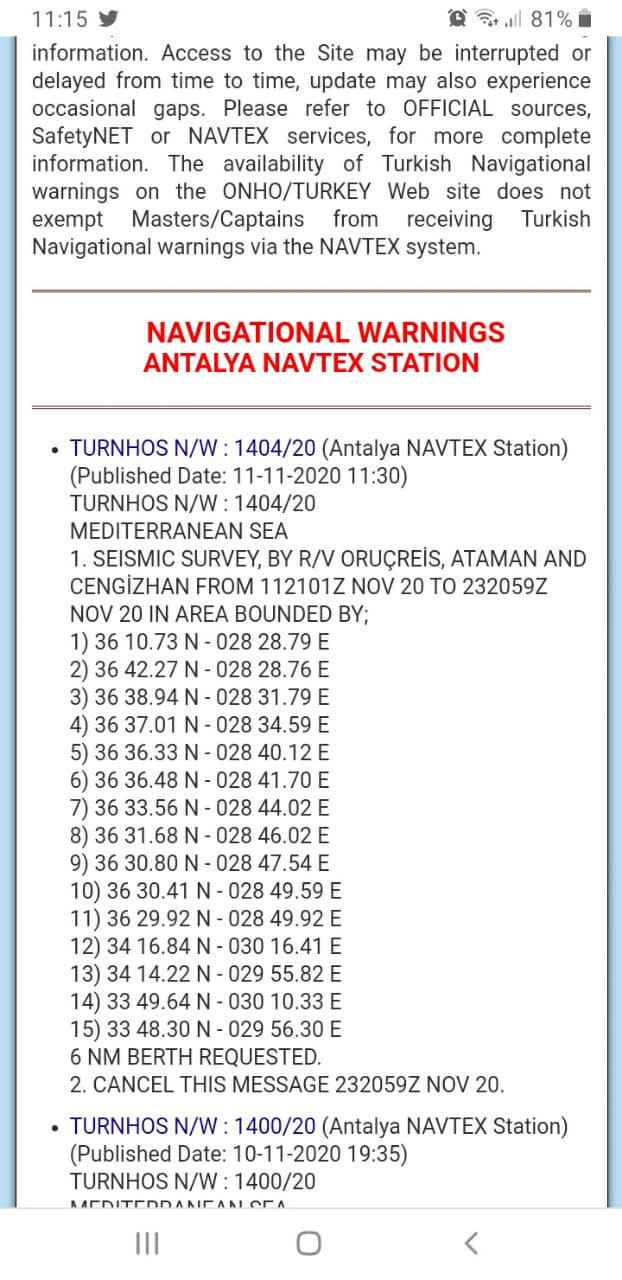 Nέα NAVTEX για το «Οruc Reis»-1