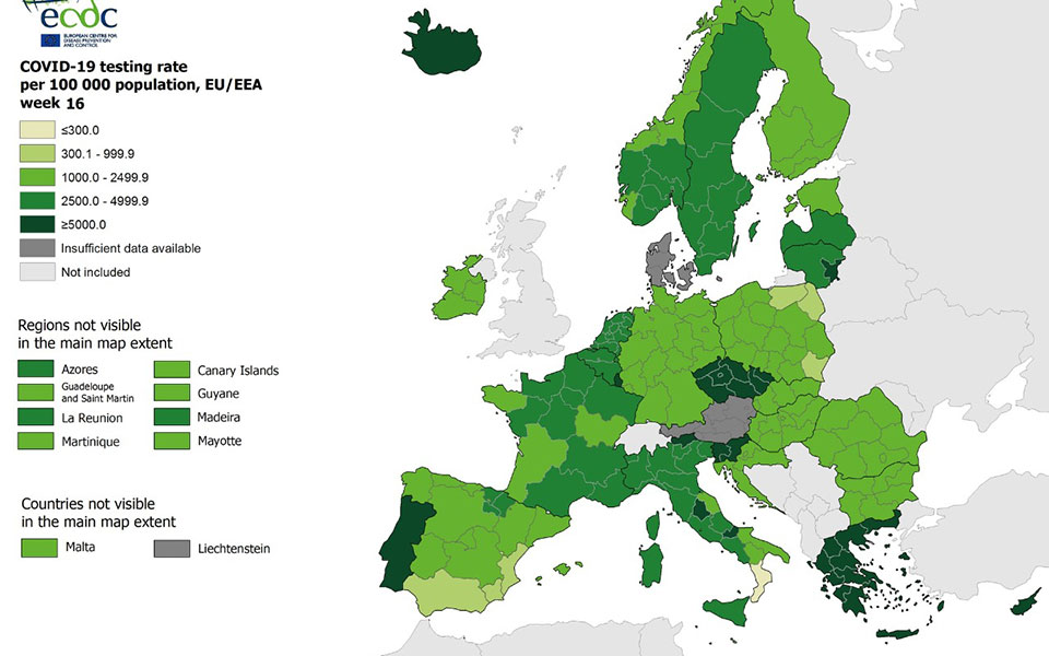 Χάρτης ECDC: Παραμένει  «πράσινη» η Ελλάδα σε τεστ και θετικότητα-1