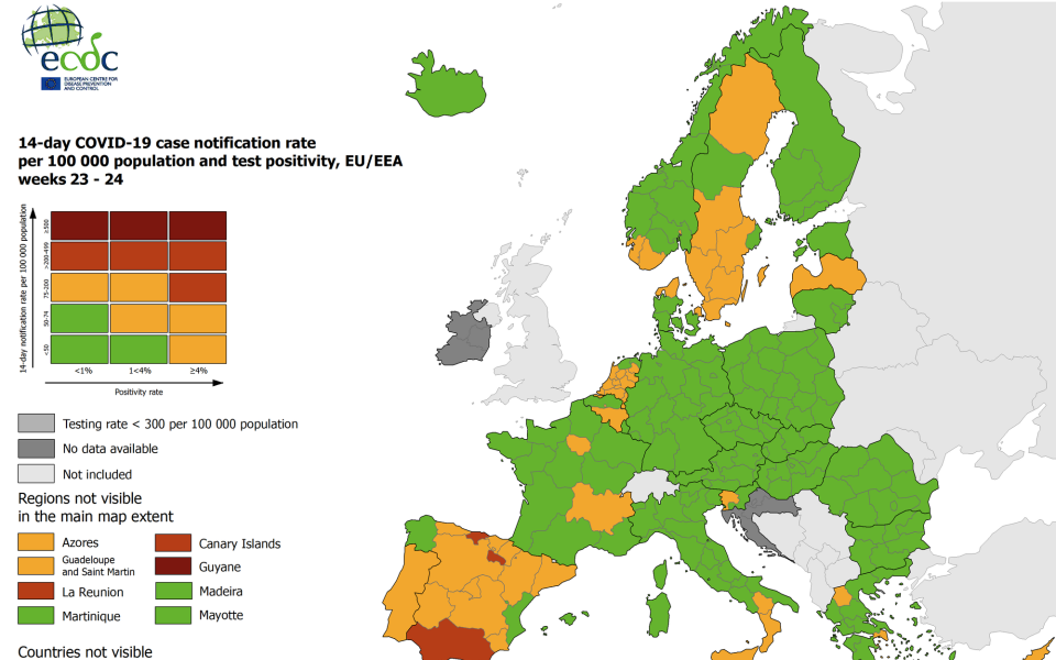 Χάρτες ECDC: Στο πράσινο πλην δύο περιφερειών η Ελλάδα-1