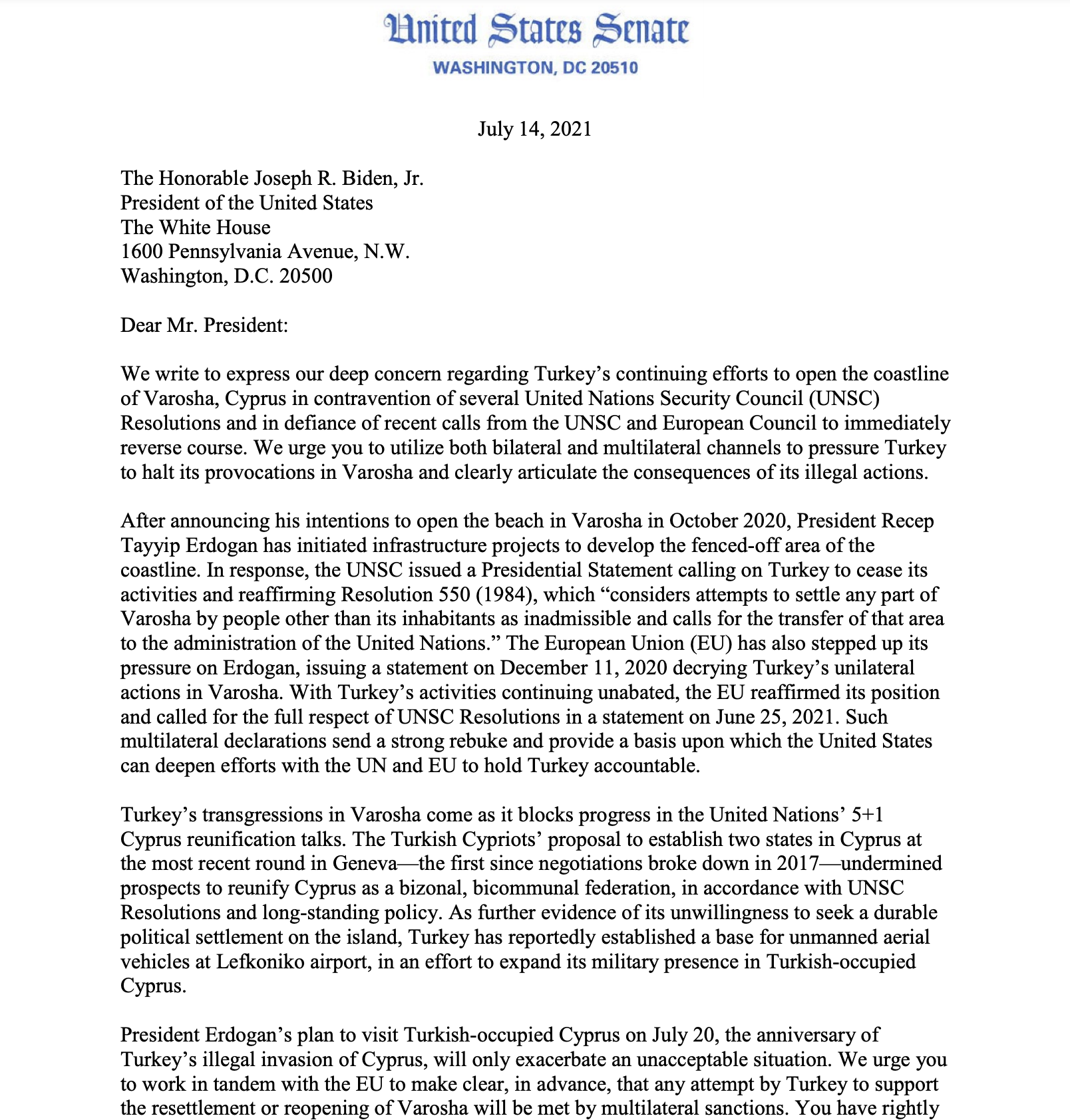 Επιστολή Μενέντεζ σε Μπάιντεν: Ζητεί κυρώσεις στον Ερντογάν για τα Βαρώσια-1
