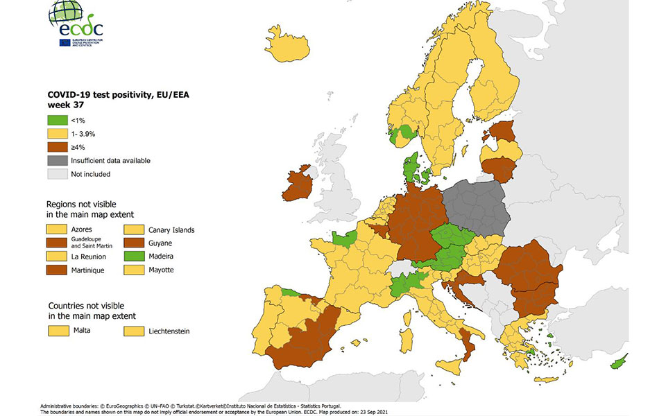 Χάρτης ECDC: «Πορτοκαλί» και «κίτρινη» η Ελλάδα-2