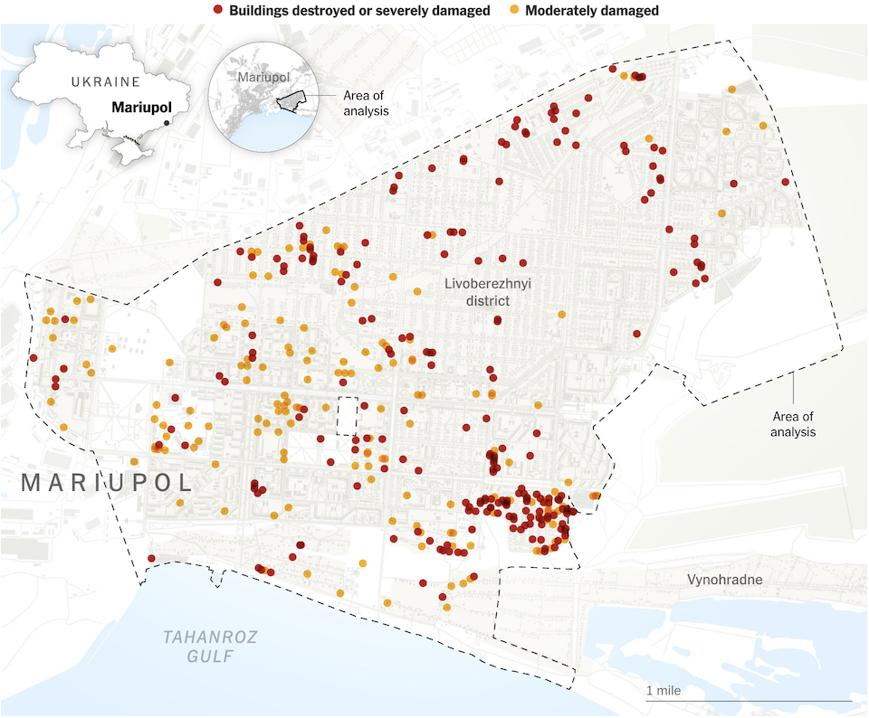 ΝΥΤ: «Σπαρμένες» με βομβαρδισμένες πολυκατοικίες οι γειτονιές της Μαριούπολης (χάρτες)-1