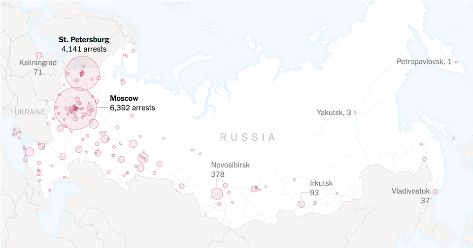 Ρωσία – αντιπολεμικές διαδηλώσεις: Πάνω από 13.000 συλλήψεις σε 150 πόλεις (χάρτης)-1