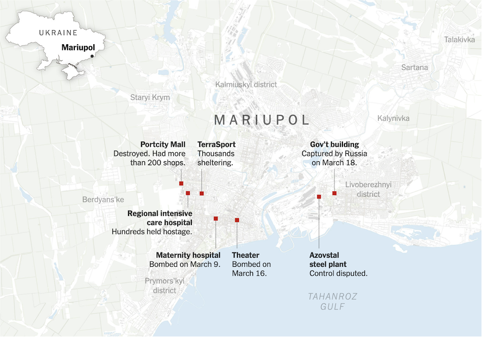 ΝΥΤ: «Σπαρμένες» με βομβαρδισμένες πολυκατοικίες οι γειτονιές της Μαριούπολης (χάρτες)-2