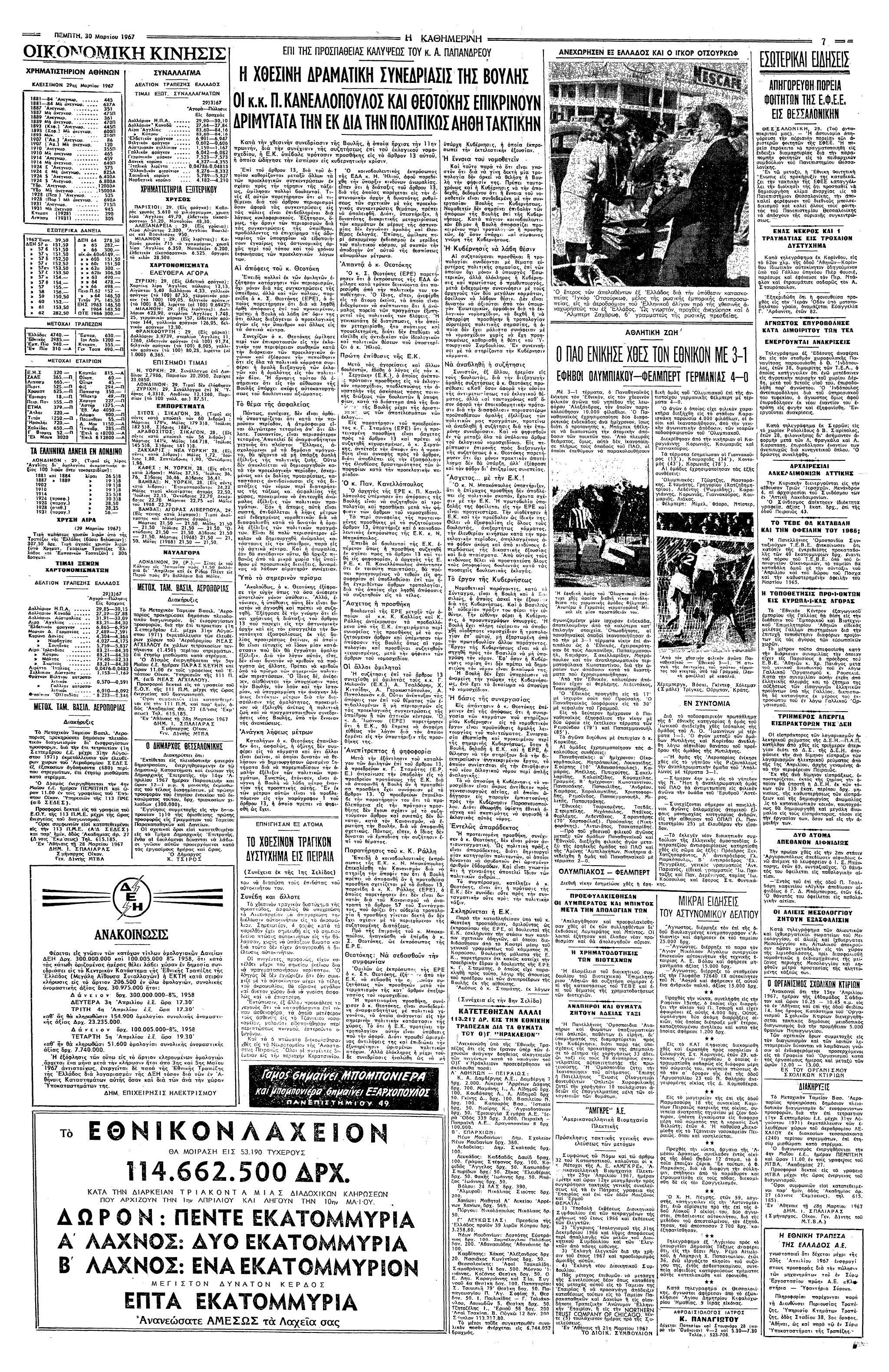 Σαν σήμερα: 29 Μαρτίου 1967 – Η απόρριψη της τροπολογίας για παράταση της βουλευτικής ασυλίας από την ΕΡΕ-2