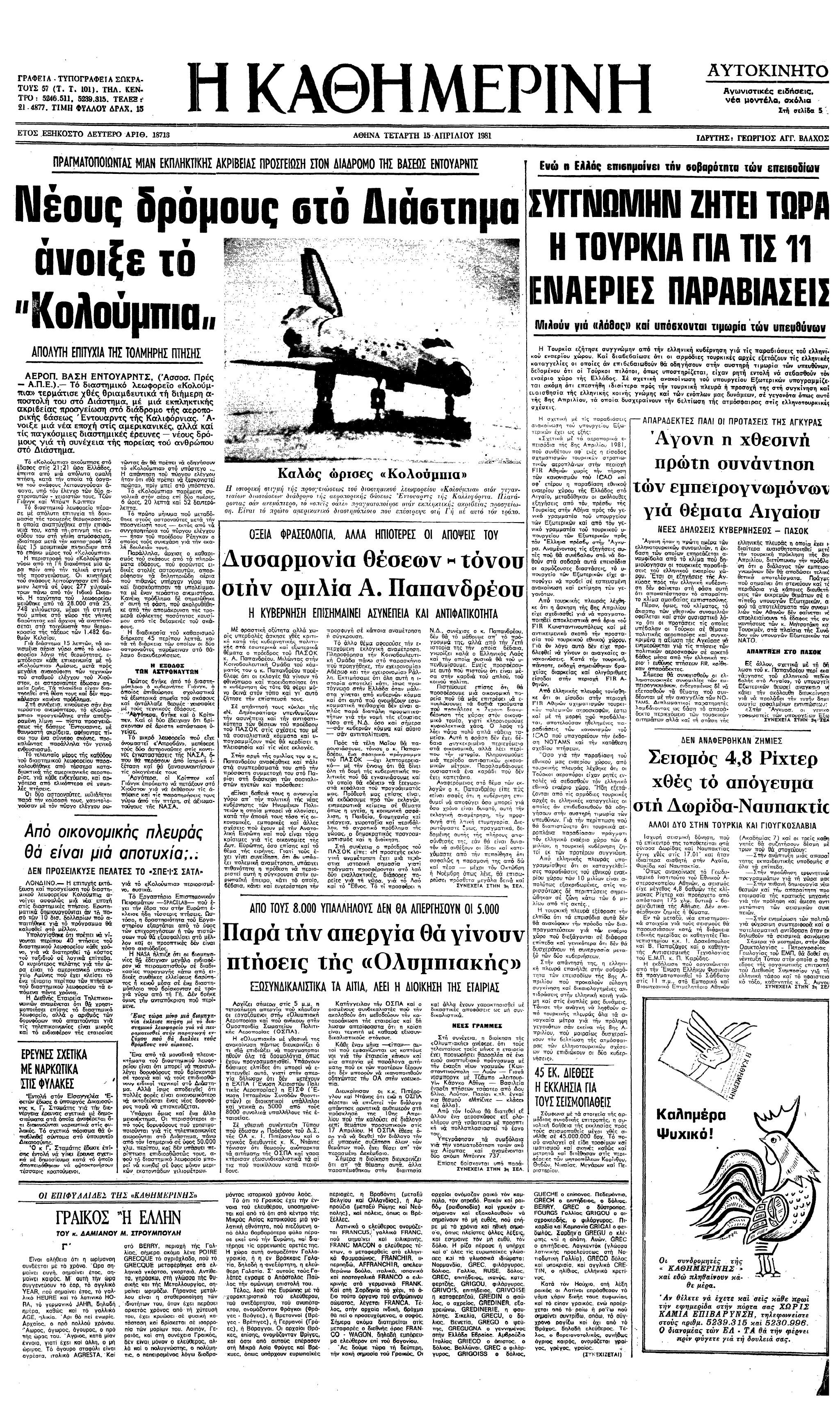 Σαν σήμερα: 14 Απριλίου 1981 – Πρώτη επιτυχημένη επιστροφή του διαστημικού λεωφορείου «Κολούμπια» στη Γη-1