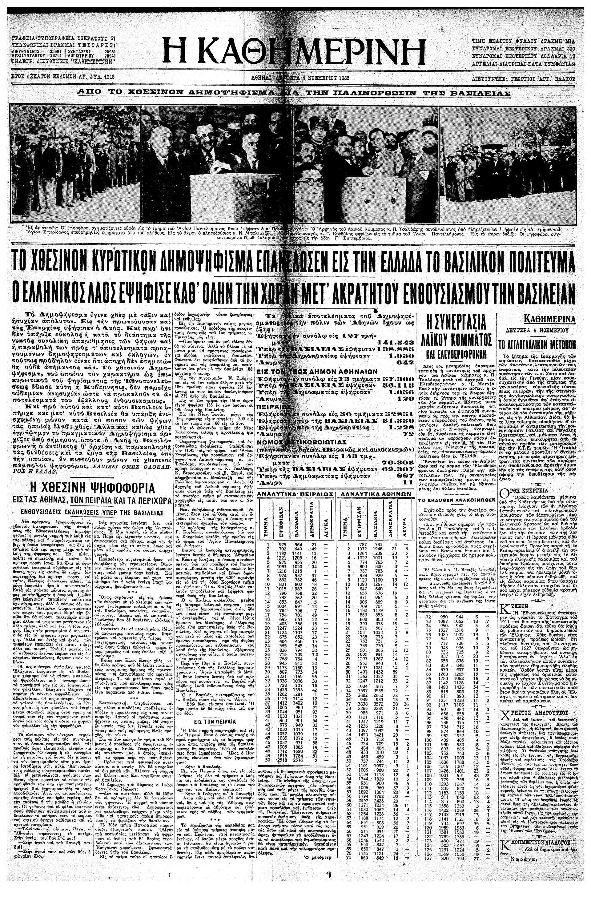 Σαν σήμερα: 3 Νοεμβρίου 1935 – Δημοψήφισμα για την παλινόρθωση της Βασιλευομένης Δημοκρατίας-1
