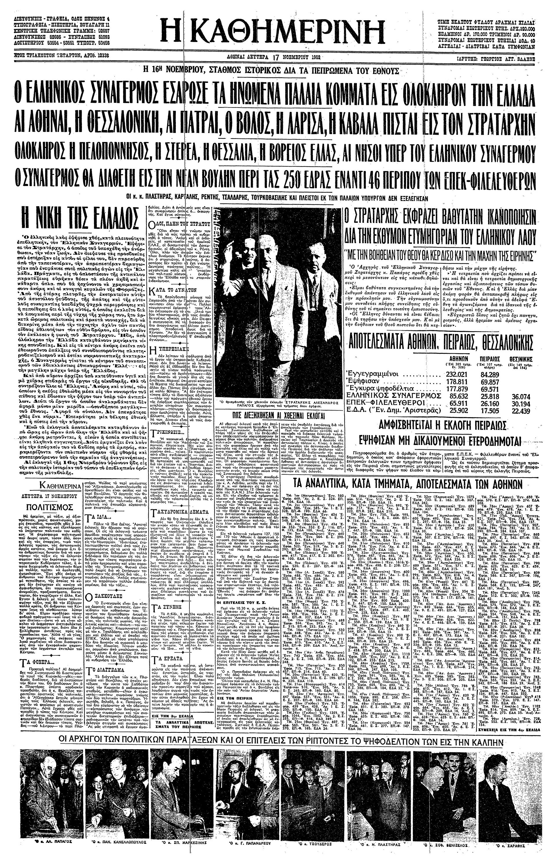 Σαν σήμερα: 16 Νοεμβρίου 1952 – Εκλογική νίκη του Ελληνικού Συναγερμού-2