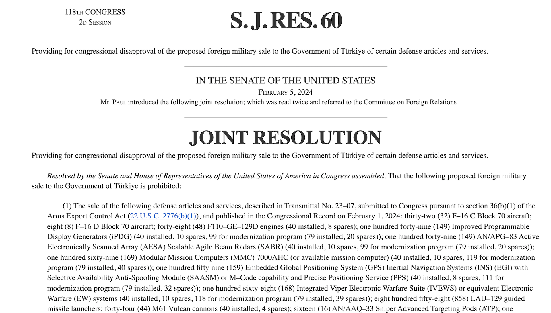 ΗΠΑ – Κογκρέσο: Ρεπουμπλικανός γερουσιαστής επιχειρεί να μπλοκάρει την πώληση F-16 στην Τουρκία-1