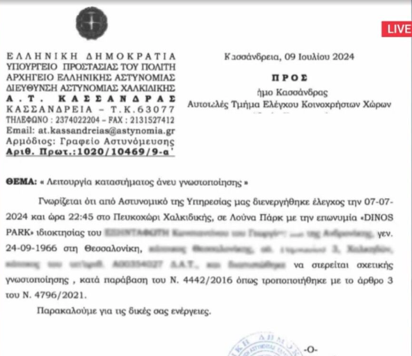 Χαλκιδική: Εγγραφο της ΕΛ.ΑΣ. ενημέρωνε τον δήμο ότι το λούνα παρκ δεν είχε γνωστοποιήσει τη λειτουργία του-1