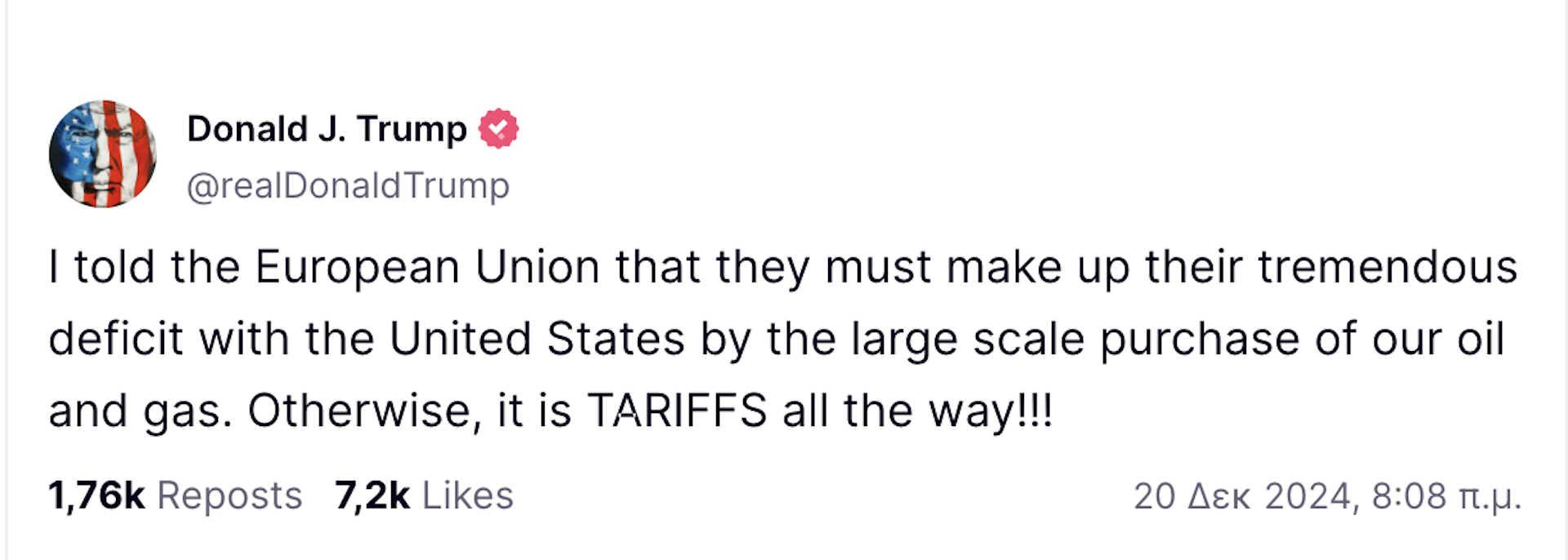Τραμπ σε Ευρωπαίους: Αγοράστε πιο πολύ πετρέλαιο και φυσικό αέριο από τις ΗΠΑ, αλλιώς… δασμοί-1