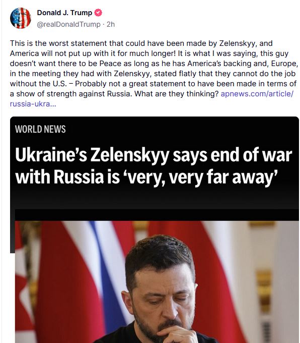 Νέα επίθεση Τραμπ σε Ζελένσκι: Η Αμερική δεν θα τον ανεχτεί για πολύ ακόμα-1