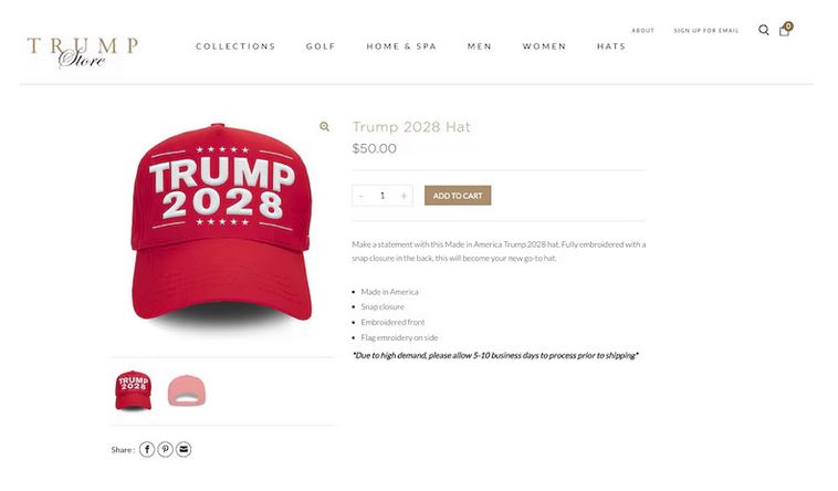 ΗΠΑ: Καπελάκια «Trump 2028» στο ηλεκτρονικό κατάστημα του Τραμπ-2