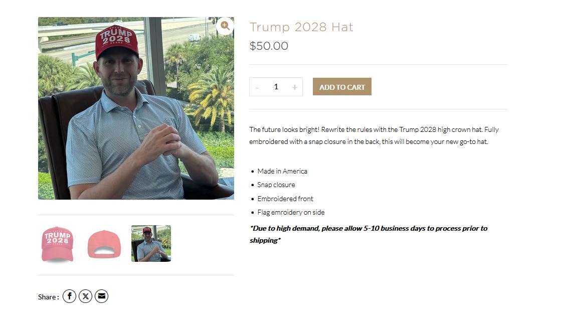ΗΠΑ: Καπελάκια «Trump 2028» στο ηλεκτρονικό κατάστημα του Τραμπ-1