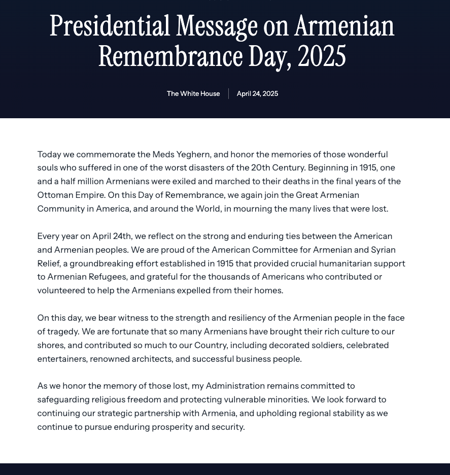 Ανακοίνωση του Λευκού Οίκου χωρίς αναφορά στον όρο «γενοκτονία» για τους Αρμένιους-1