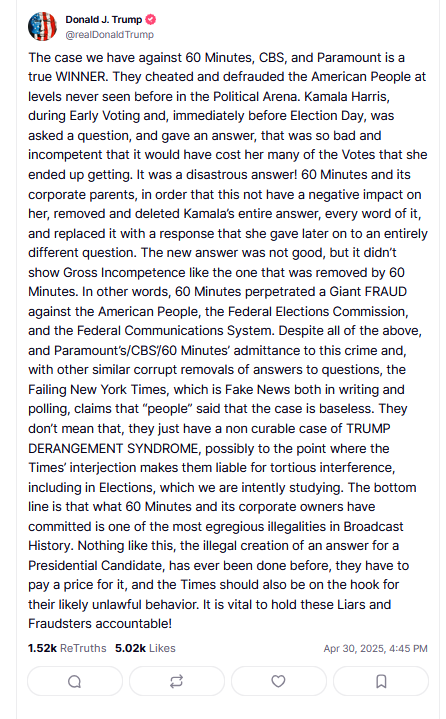 Ο Τραμπ καταγγέλλει το «60 Minutes» για απάτη υπέρ της Χάρις-1