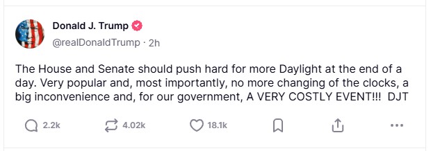 ΗΠΑ: Ο Ντόναλντ Τραμπ ζητά από το Κογκρέσο να καταργήσει την αλλαγή της ώρας-1