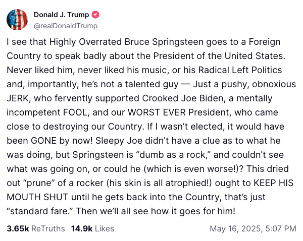 Επίθεση Τραμπ στον Μπρους Σπρίνγκστιν: «Καλά θα κάνει να το βουλώσει»-1