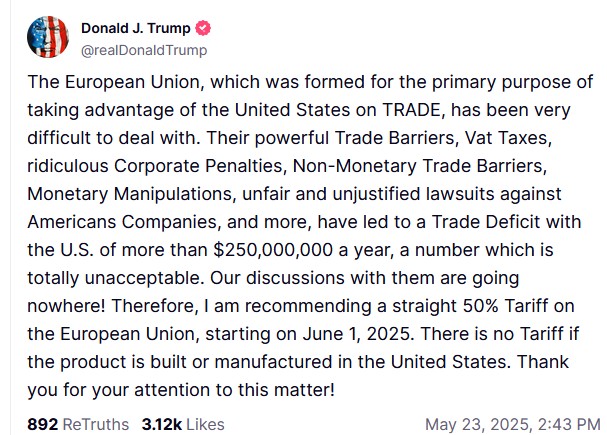 Τραμπ: Πρόταση για δασμό 50% στην Ε.Ε. από 1ης Ιουνίου-1