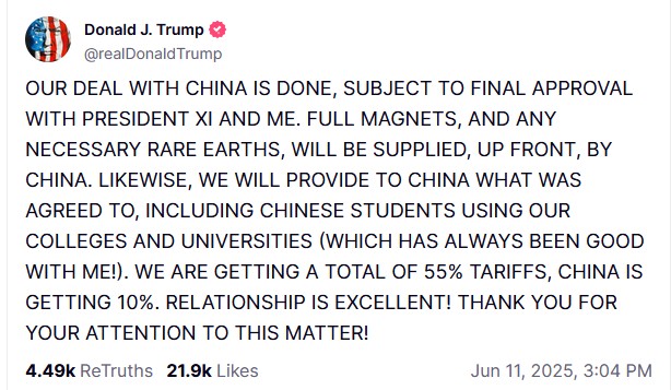 Ο Τραμπ ανακοίνωσε εμπορική συμφωνία με την Κίνα – Η απόφαση για σπάνιες γαίες και δασμούς-1