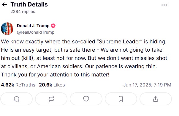 Ο Τραμπ απαιτεί άνευ όρων παράδοση του Ιράν – «Δεν θα σκοτώσουμε τον Χαμενεΐ, προς το παρόν»-1