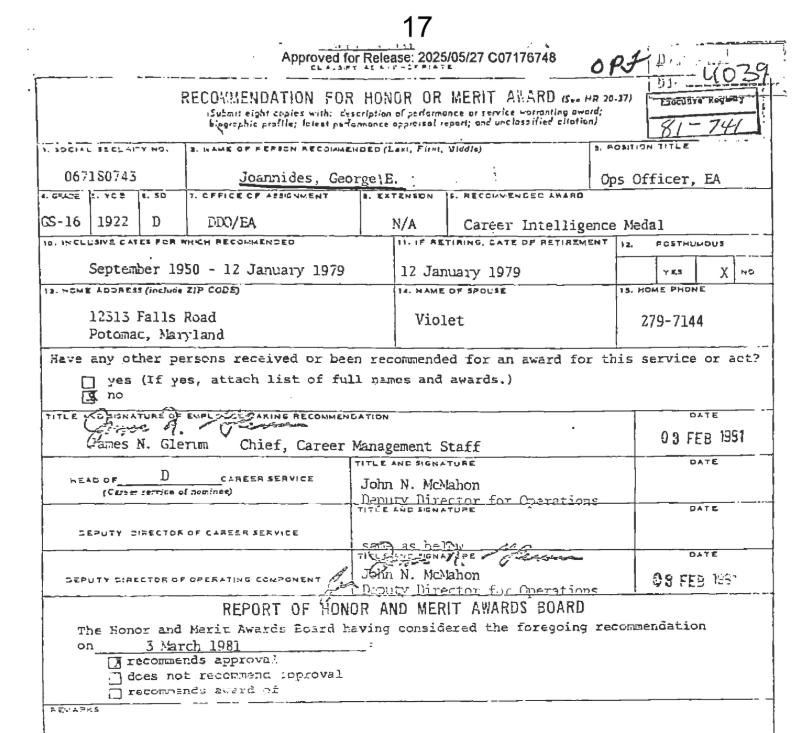 Εργα και ημέρες του πράκτορα της CIA, Τζορτζ Ιωαννίδη – Το νέο αποχαρακτηρισμένο έγγραφο-1