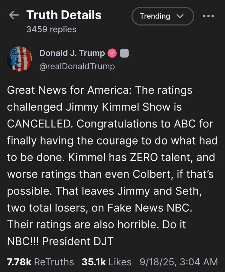 Τραμπ για Κίμελ: «Χωρίς ταλέντο, έπρεπε να τον είχαν απολύσει καιρό πριν»-1