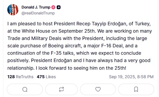 Τραμπ: Στις 25 Σεπτεμβρίου στον Λευκό Οίκο o Ερντογάν – Στην ατζέντα τα F-35-1