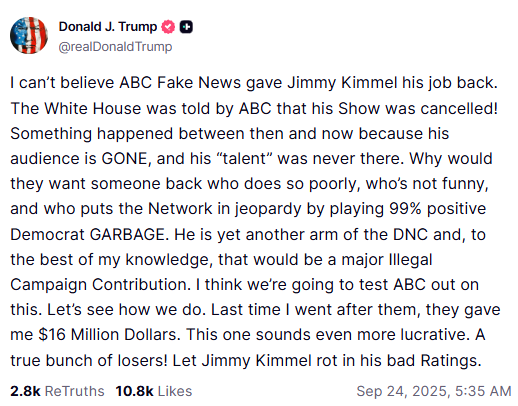 Τζίμι Κίμελ: Επιστροφή στον «αέρα» με δάκρυα, επαίνους στη χήρα Κερκ και πυρά κατά Τραμπ-1