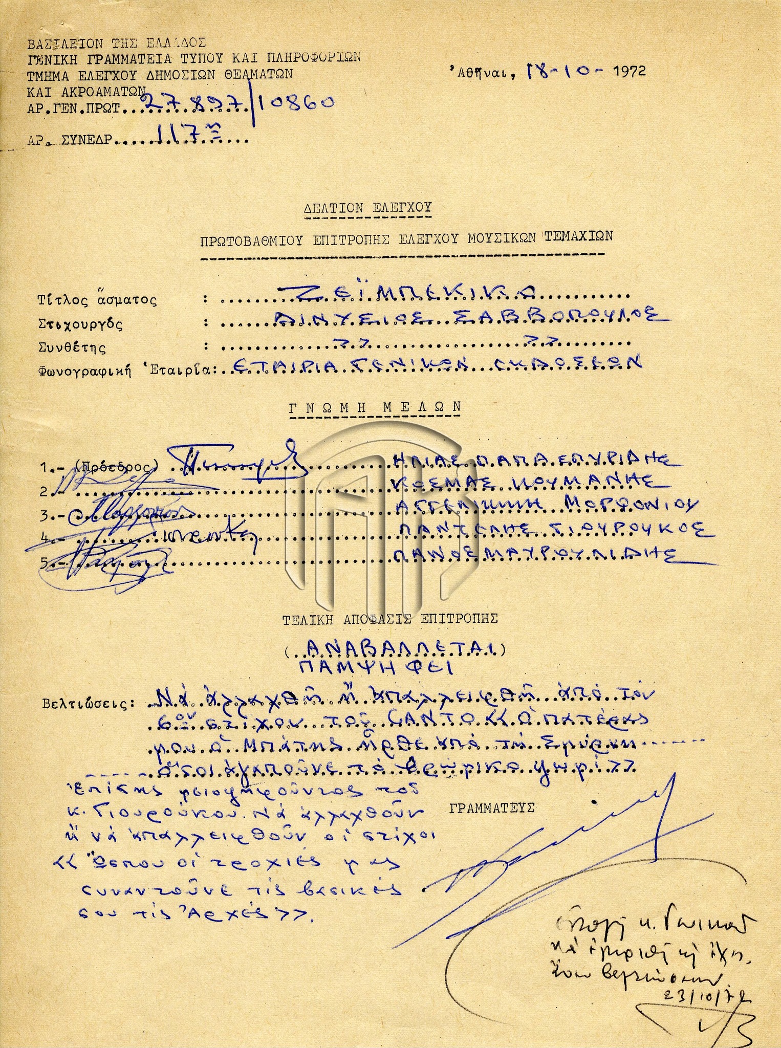 Διονύσης Σαββόπουλος: Οταν η χούντα λογόκρινε το «Ζεϊμπέκικο»  διότι περιείχε «ανατρεπτικά νοήματα»-1