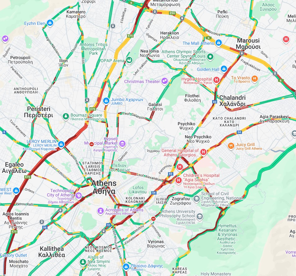 Στο κόκκινο η κίνηση λόγω της βροχής στην Αθήνα – Χαμηλές ταχύτητες, προβλήματα και στο τραμ-1