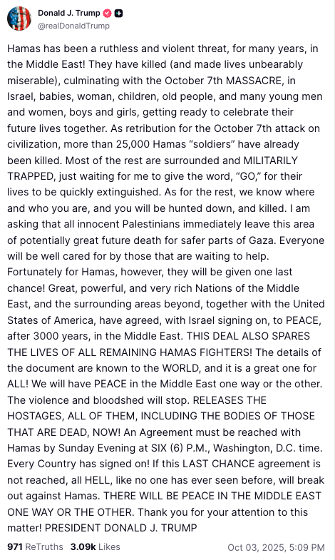 Τραμπ: Την Κυριακή λήγει το τελεσίγραφο στη Χαμάς – «Εχετε μια τελευταία ευκαιρία»-1