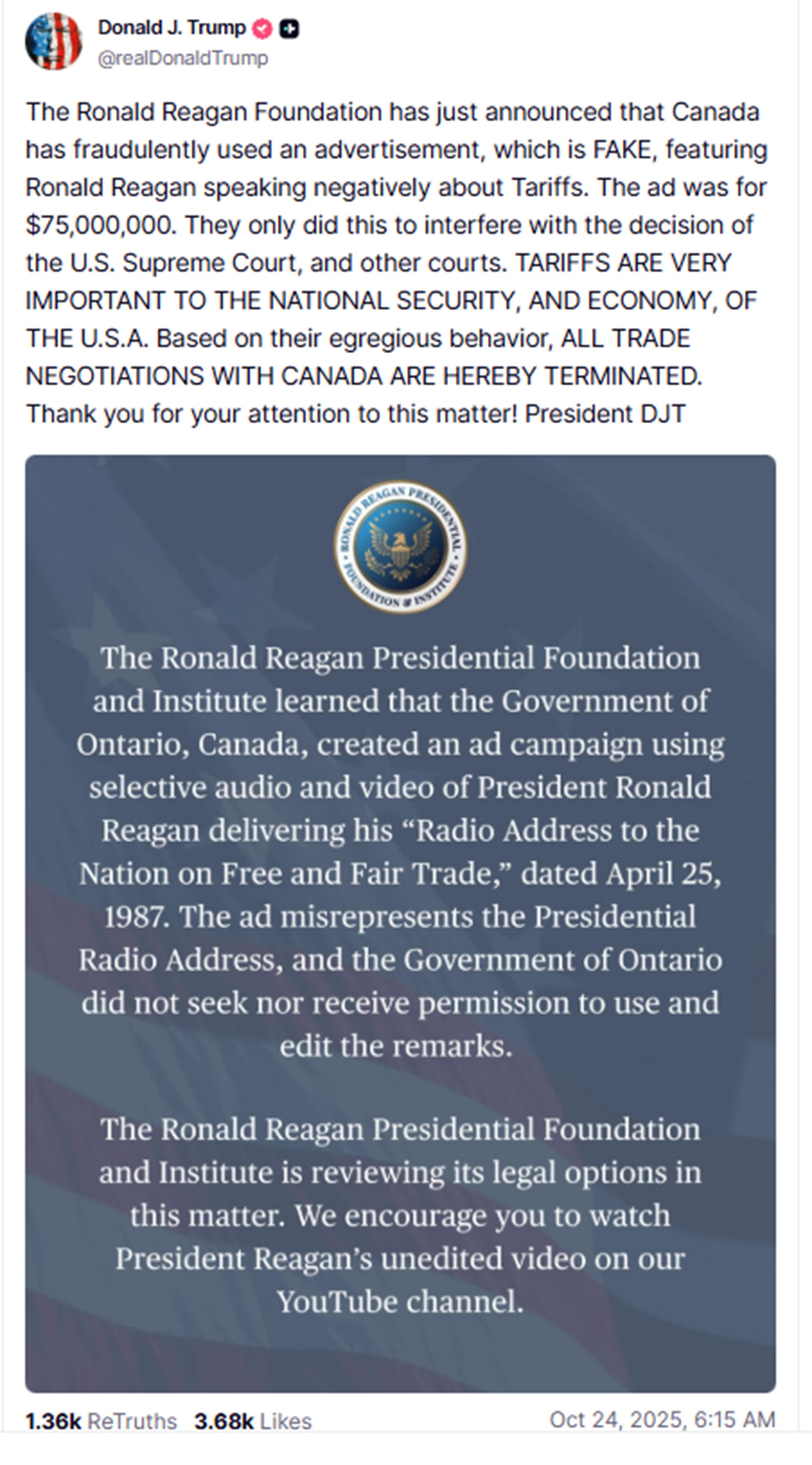 Ο Τραμπ διακόπτει τις εμπορικές διαπραγματεύσεις με τον Καναδά-1