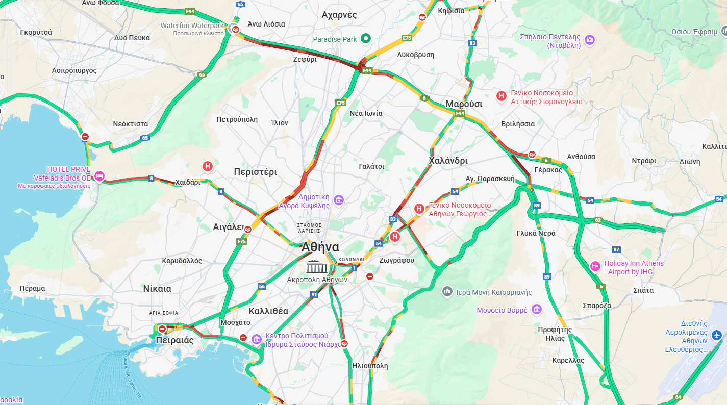 Κίνηση στους δρόμους: Στο «κόκκινο» ο Κηφισός, μεγάλες καθυστερήσεις στην Αττική Οδό-1