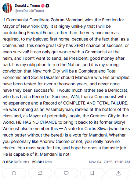 Τραμπ: Απειλεί τη χρηματοδότηση της Νέας Υόρκης αν εκλεγεί δήμαρχος ο Μαμντάνι-1