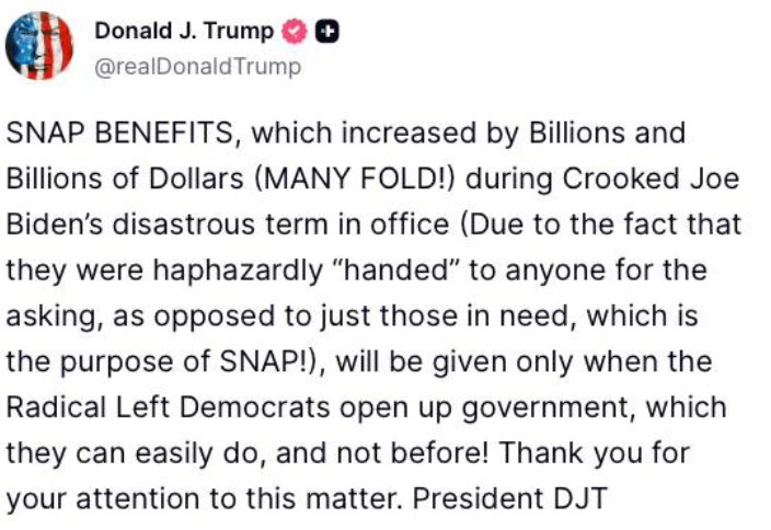 Τραμπ: Τα επιδόματα τροφίμων θα δοθούν μόνον όταν ανοίξει η κυβέρνηση-1