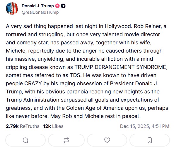 Ο Τραμπ επιτίθεται στον Ρομπ Ράινερ μετά τη δολοφονία του – «Είχε εμμονή μαζί μου, οδήγησε ανθρώπους στην τρέλα»-1