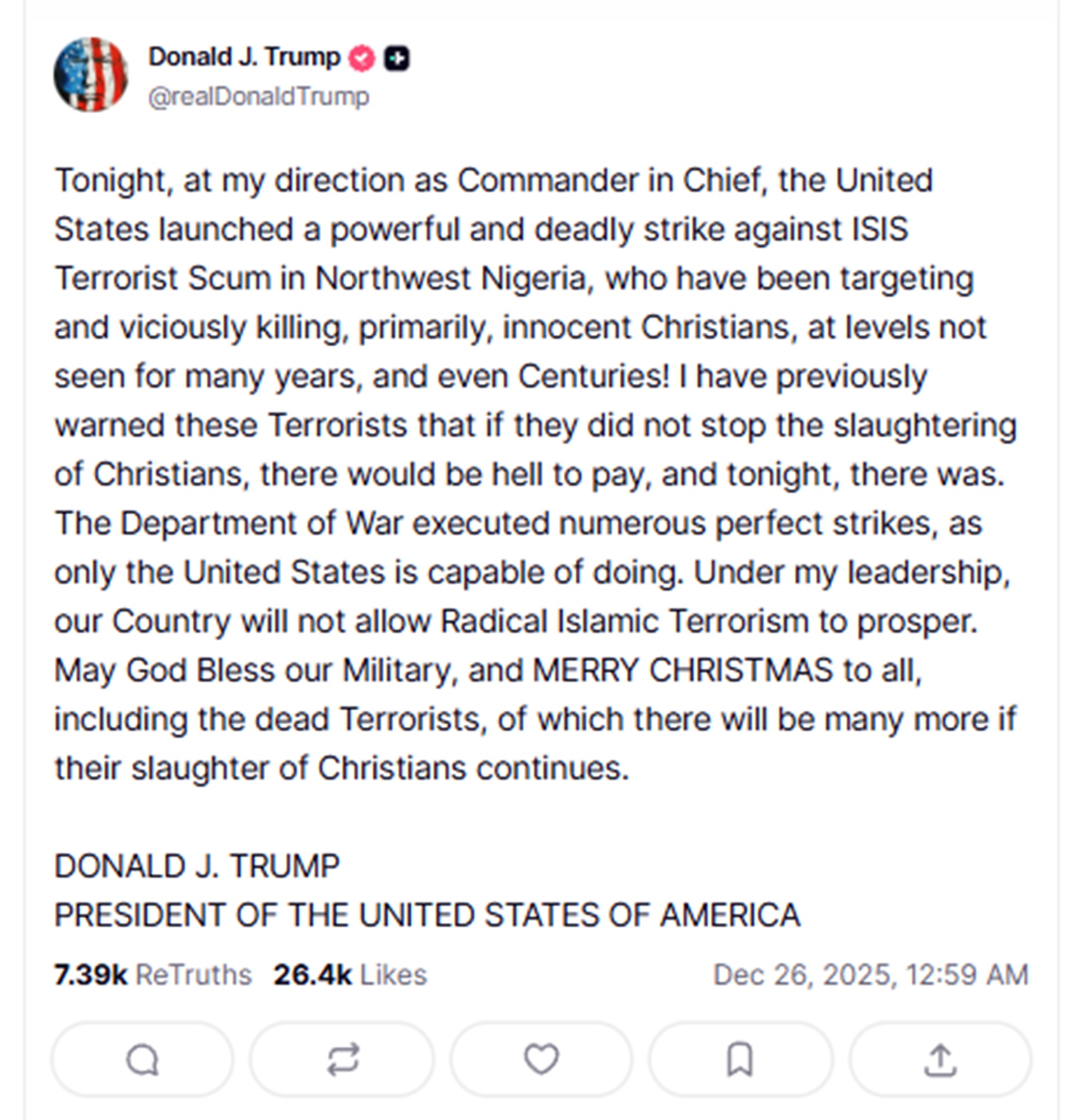 Τραμπ: Οι ΗΠΑ βομβάρδισαν τρομοκράτες του Ισλαμικού Κράτους στη Νιγηρία-1