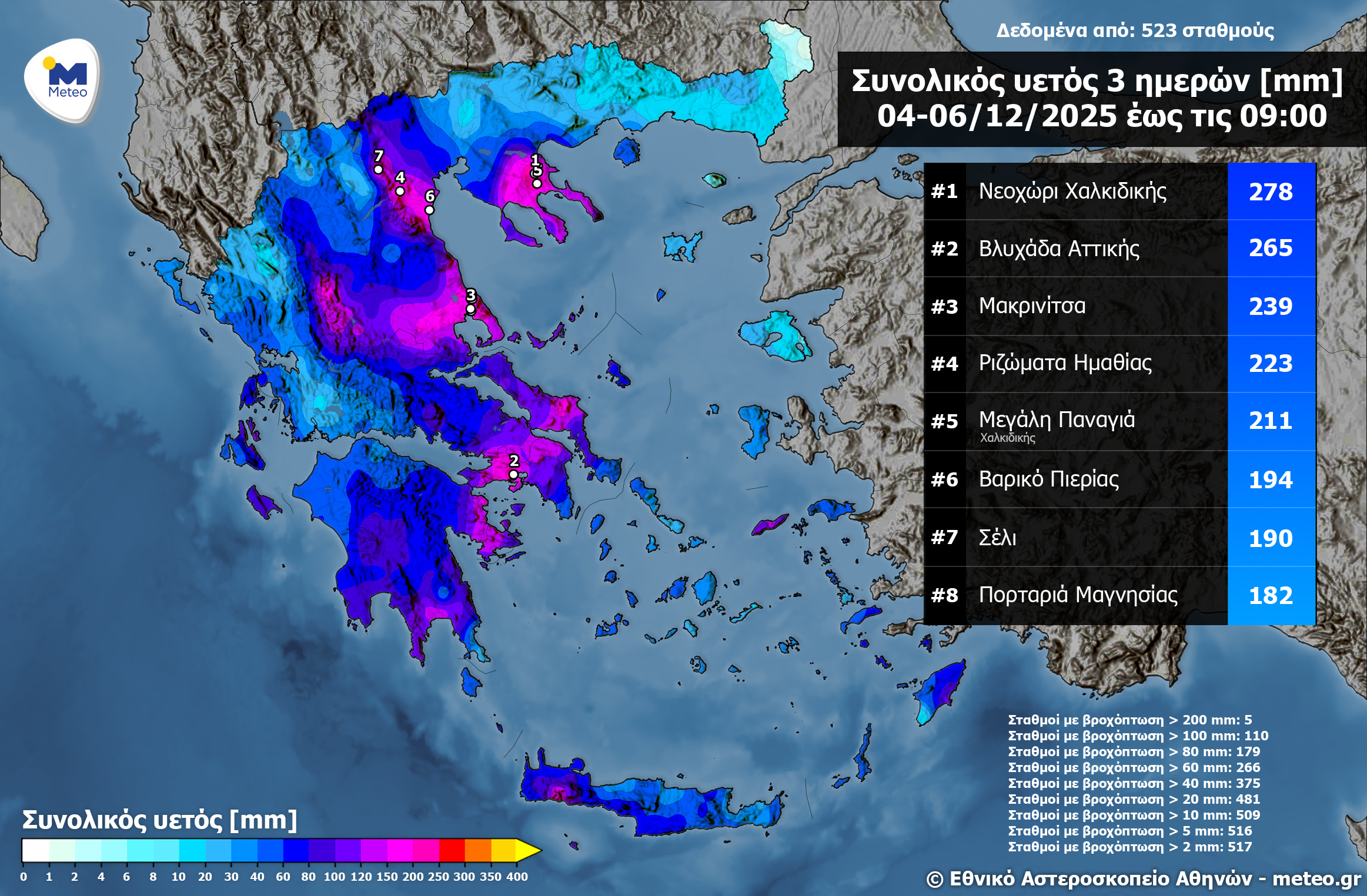 Meteo: Ξεπέρασε τα 260 χιλιοστά το ύψος της βροχής στη Βλυχάδα Αττικής – Πού καταγράφηκε το μεγαλύτερο [χάρτης]-1