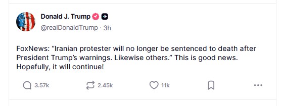 Τραμπ: «Σταματούν οι εκτελέσεις διαδηλωτών στο Ιράν» – Δεν αποκλείει στρατιωτική δράση των ΗΠΑ-1