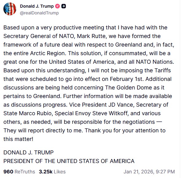 Τραμπ: Εχουμε πλαίσιο συμφωνίας για τη Γροιλανδία – «Παγώνουν» οι δασμοί της 1ης Φεβρουαρίου-1