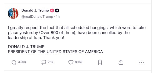 Ο Τραμπ ευχαρίστησε το Ιράν επειδή σταμάτησε τις προγραμματισμένες εκτελέσεις διαδηλωτών-1
