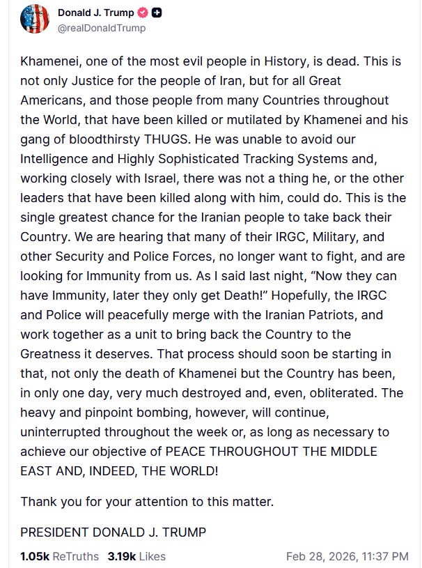 Τραμπ για Χαμενεΐ: Πέθανε ένας από τους πιο μοχθηρούς ανθρώπους στην Iστορία-1