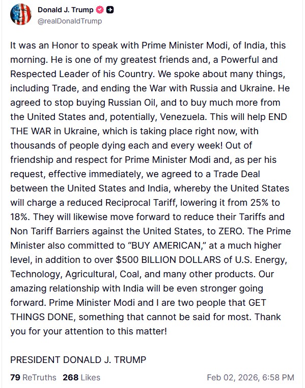 Τραμπ: Σε άμεση ισχύ συμφωνία ανάμεσα σε ΗΠΑ και Ινδία – Το Δελχί σταματά τις αγορές ρωσικού πετρελαίου-1