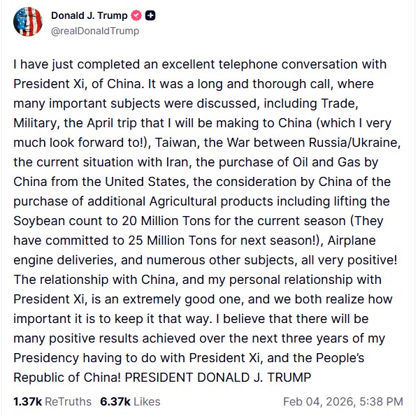 Τραμπ: «Εξαιρετική» συνομιλία με τον Σι Τζινπίνγκ για εμπόριο, Ταϊβάν και διεθνείς κρίσεις-1