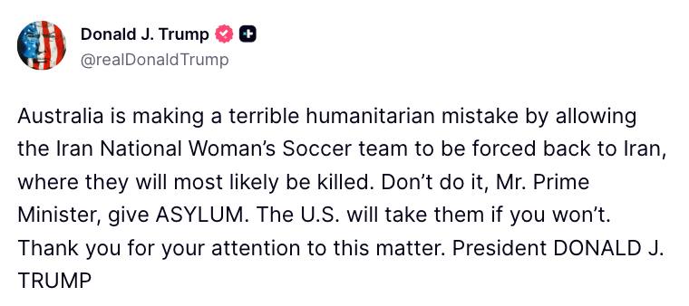 Ο Τραμπ καλεί την Αυστραλία να χορηγήσει άσυλο στη γυναικεία ομάδα ποδοσφαίρου του Ιράν-1